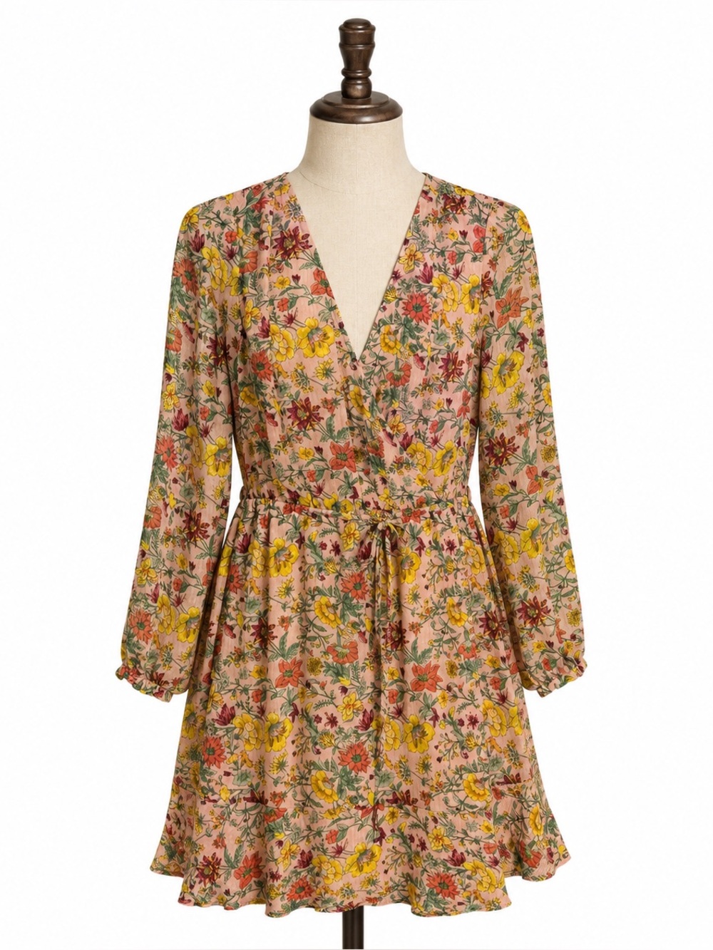 Loft Floral Wrap V-Neck Long Sleeve Dress - Pink/Yellow